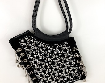 Black & Silver W/Crystal Rhinestones On Black Velvet Leather Shoulder Bag/Top Handled Purse Hobo Bag