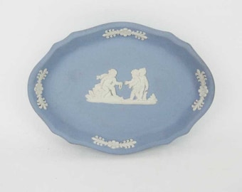 Vintage Wedgwood Jasperware Small Scalloped Oval Trinket Dish Made In England Cherubs~Kids Playing