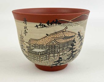 Japanese Detailed Hand Painted Red Clay Pottery Tea Cups (Lot Of 6) Village Scene Signed!