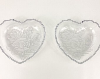 Vintage Heart Shaped Glass Trinket Candy Nut Dishes Embossed Frosted Roses (2) 6"