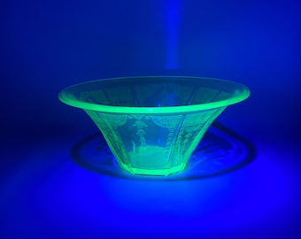 May include: A green glass bowl with a decorative etched design. The bowl is on a blue background.