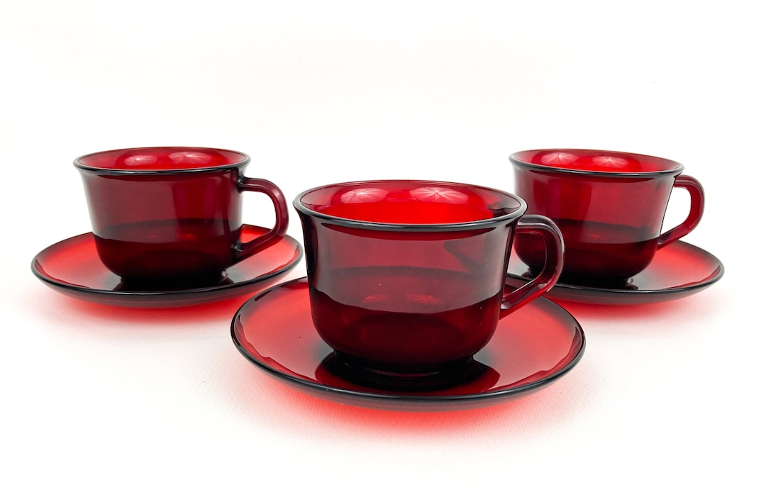 Vintage French Arcoroc Ruby Red Glass Tea Cups and Saucers 3 Sets Etsy