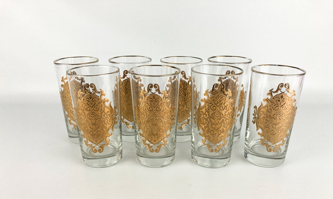 Vintage Libbey Opera Gold Medallion Drinking Glasses Raised Embossed