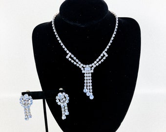 Vintage Ice Blue Crystal Dangle Chandelier Choker Necklace & Screw Back Earrings 1950's