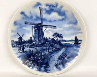 Vintage Large Delft Blue Blauw Wall Plate Made In Holland 11.5" Village Farm Shoreline Scene~Wall Hanging Display Plate