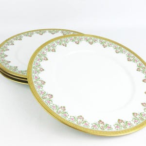 May include: Set of white porcelain plates with a gold rim and a decorative floral border in pink and green. The plates are stacked, showcasing the design and the gold detailing.