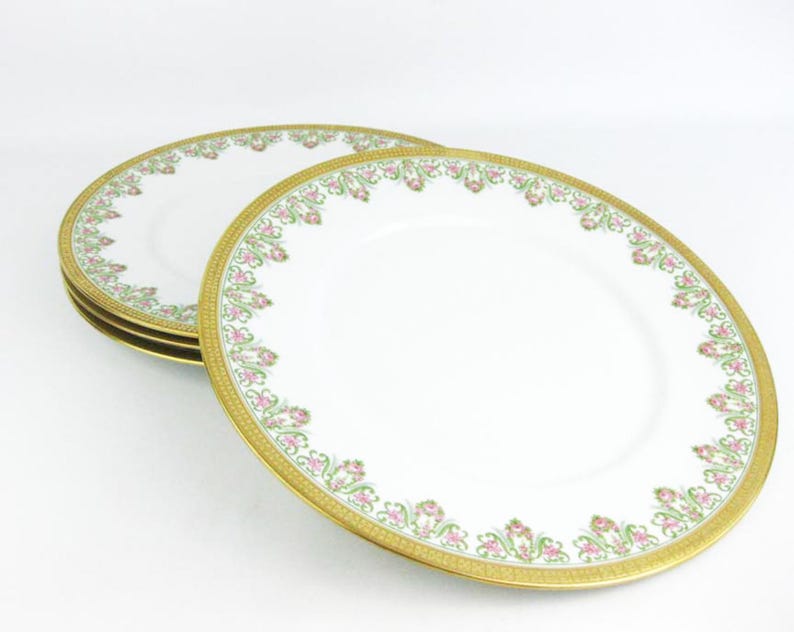May include: Set of white porcelain plates with a gold rim and a decorative floral border in pink and green. The plates are stacked, showcasing the design and the gold detailing.