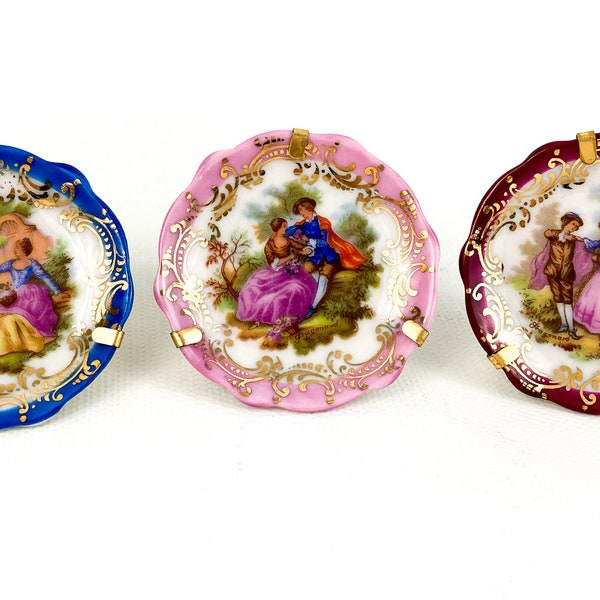 Vintage Limoges France Fragonard Signed Miniature Plates Courting Couple W/Attached Gold Stands, Wall Hangers Frame Holders (3)