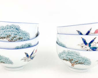 Japanese Embossed Hand Painted Rice/Soup Bowls (6) Trees & Crane Birds W/Rising Sun~Raised Textured Designs