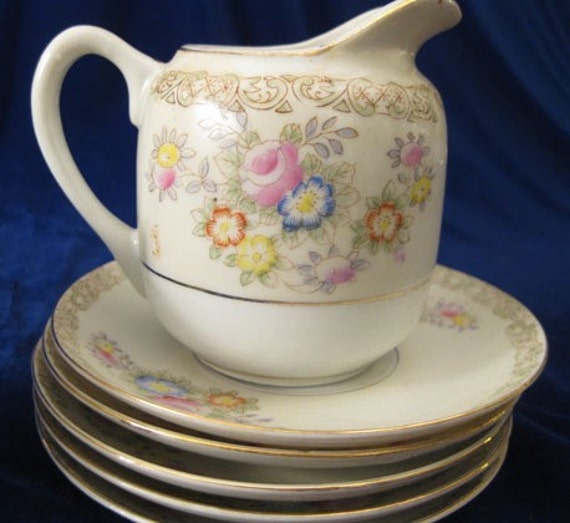 Vintage Occupied Japan M.K China 7 Pieces Green Backstamp Creamer /& Sugar Bowl Plates