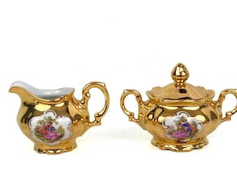 Vintage Leni Parbus Fragonard Porcelain Gold Courting Couple Creamer & Sugar Bowl W/Lid Set