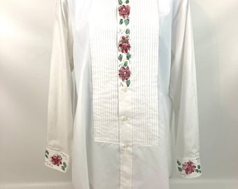 Classix Woman's Long Sleeve Button Up White Pleated Tuxedo Style Shirt Hand Painted Roses M 32/33