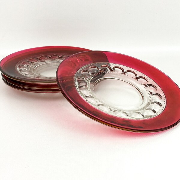 Vintage Tiffin Franciscan Kings Crown Ruby Red Flashed Luncheon Plates 8-1/4" Set Of (4)