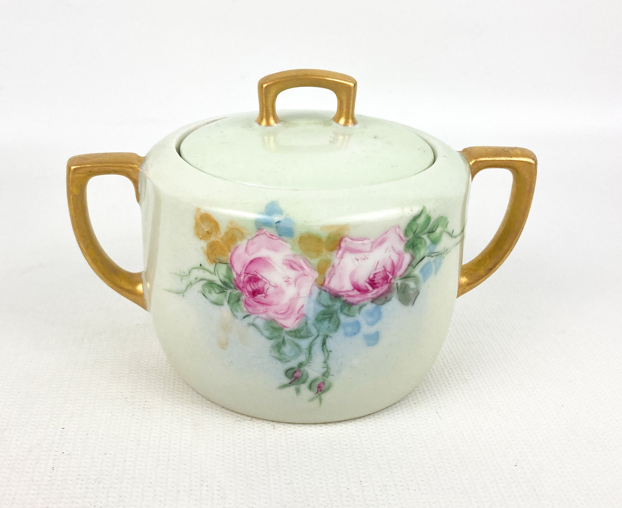 Antique MZ Austria Hand Painted Porcelain Sugar Bowl W/lid Mint