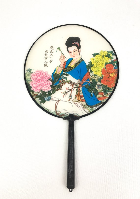 Asian Geisha Round Hand Held Fans Hand Painted On… - image 3