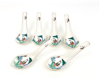 Vintage Chinese Porcelain Soup Spoons Woman In Garden Hand Painted (6)