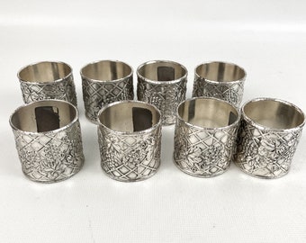 Vintage Silver Plate Napkin Rings W/Grape Design Set Of 8~Holiday Imports Japan