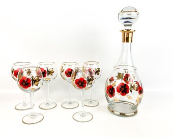 Vintage Large Butterfly & Pansy Bohemian Decanter W/6 Wine Glasses Hand Painted Stunning!