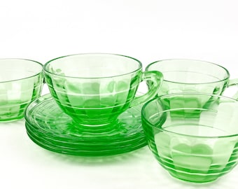 Anchor Hocking Block Optic Green Uranium Depression Glass Tea Cups & Saucers~4 Sets Circa 1930's