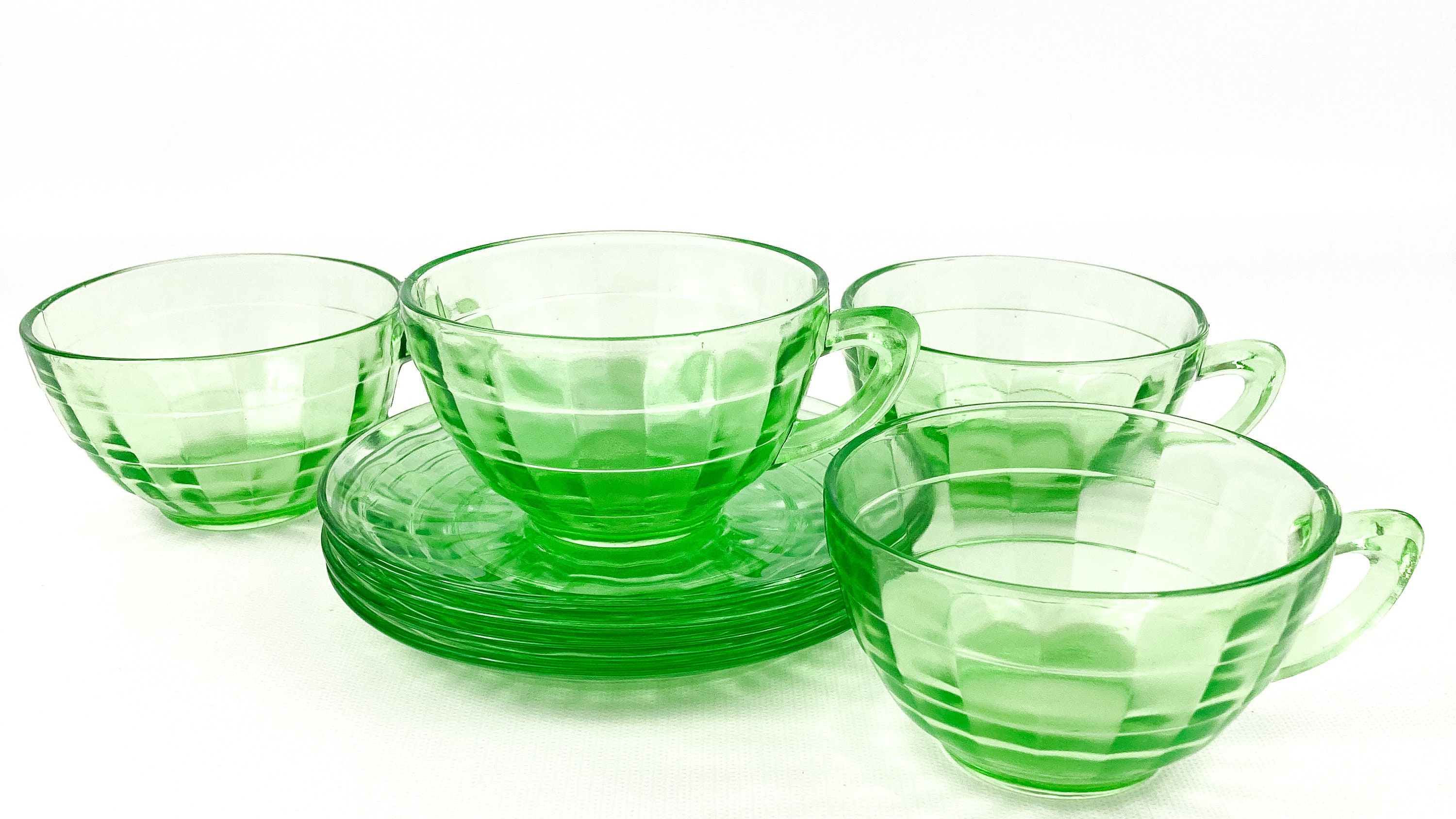 Anchor Hocking Block Optic Green Uranium Depression Glass Tea Cups