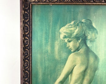 Vintage Nude In Blue/Green By Leo Jansen Paper Print On Board 15" X 30" Framed