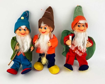 Vintage Christmas Felt Gnome Elf Dwarf With Plastic Face & Hands Made In Japan (3) 10"  Tall