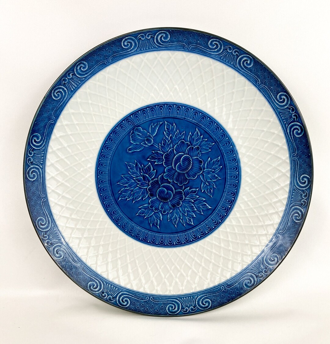 Vintage Large Japanese Serving Bowl Blue & White 16 Signed Embossed Flower and Lattice Design
