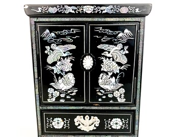 Vintage Asian Japanese Oriental Black Lacquer Mother of Pearl Jewelry Box Drawers Cabinet