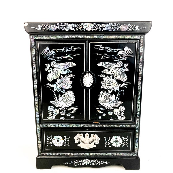 Vintage Asian Japanese Oriental Black Lacquer Mother of Pearl Jewelry Box Drawers Cabinet