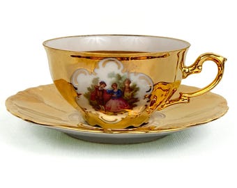 Vintage Leni Parbus Fragonard Porcelain Gold Courting Couple Tea Cup & Saucer Set Circa 1950's