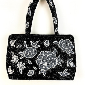 Bolso de mano para novia o noche con cuentas en blanco y negro y 2 asas con cuentas