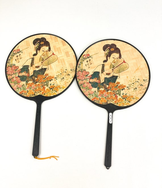 Asian Geisha Round Hand Held Fans Hand Painted On… - image 8