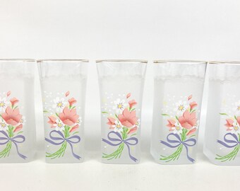 Toyo Japan Belle Fleur Drinking Glasses Set Of (5) 5" High Square Base Weighted Bottoms Floral Bouquet