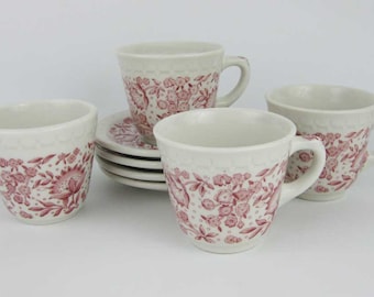 Vintage Syracuse Roxbury Red Econorim Tea Cups & Saucers (4 Sets) 3&quot; high