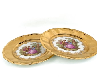 Vintage Leni Parbus Fragonard Porcelain Gold Courting Couple Salad Plates (2) Circa 1950's