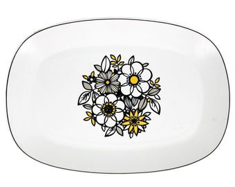 Noritake Progression Tressa Serving Platter Black~Yellow~Tan Flowers-Japan 15”