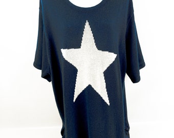 Vintage Woman's Quacker Factory Pullover Knit Sweater Navy Blue W/Stars Plus Size 2X