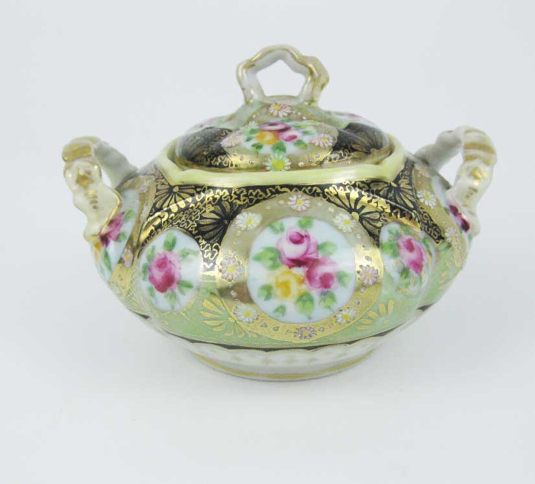 Royal Kinran Nippon Pink and Yellow Roses Gold Gild Sugar Bowl Circa