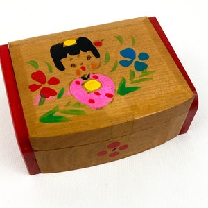 Vintage Wooden Mirrored Trinket Jewelry Box Hand Painted Made In Japan~Geisha