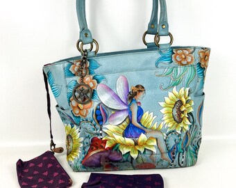 Anuschka Hand Painted Leather Hand Bag Purse Magical Garden Fairy W/Extras X-LG