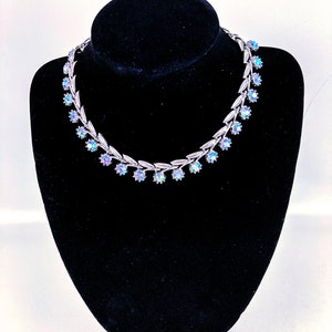 Vintage Aurora Borealis Crystal Rhinestone Choker Necklace 14&quot; Silver Tone