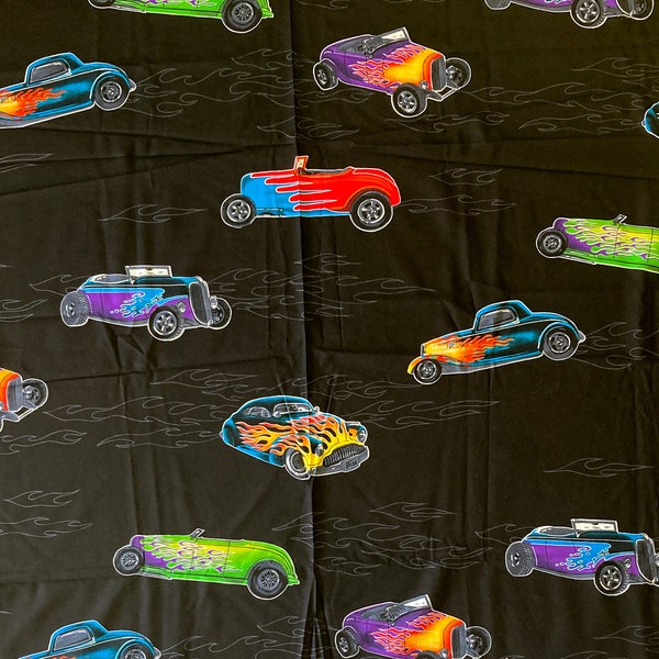 1 Yard X 43.5" W Vintage Fabric Hot Rod Cars By Hoffman International Circa 2003 New!