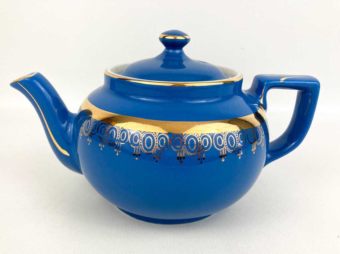 Vintage Hall Pottery Teapot W/lid 6 Cups Blue and Gold Made in Etsy