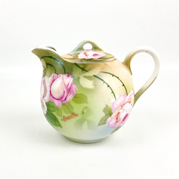 Antique PSAG Bavaria Hand Painted Over Sized Creamer W/Lid Roses Gold Trim Signed By Artist!