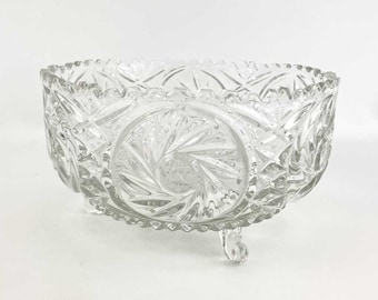 Large Cut Crystal Three Toed Footed Centerpiece Bowl Sawtooth, Stars, Pinwheels