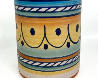 Vintage Deruta Glazed Ceramic Canister Vase, Utility Holder Mug Hand Painted In Italy 4.5" High