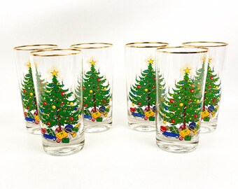 Vintage Moderne Old Fashioned Christmas Tree 10-oz. Tumbler Drinking Glasses Lot Of 6 ~10 Ounces