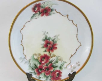 Hand Painted Bavaria Collectors Plate Red Poppies Light Blue Background Gold Rim