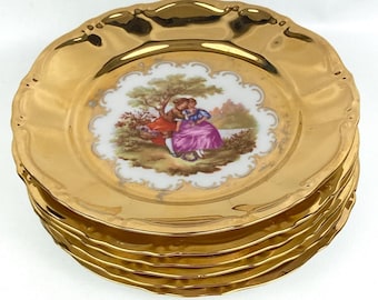 Vintage Leni Parbus Fragonard Porcelain Gold Courting Couple Rimmed Salad Plates (6 Pieces) 7.5" Circa 1950's