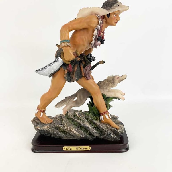 De Elina Native American Indian Hunter With Coyote Figure Sculpture Made By Turtle King Corp. Circa 1970's Or Earlier